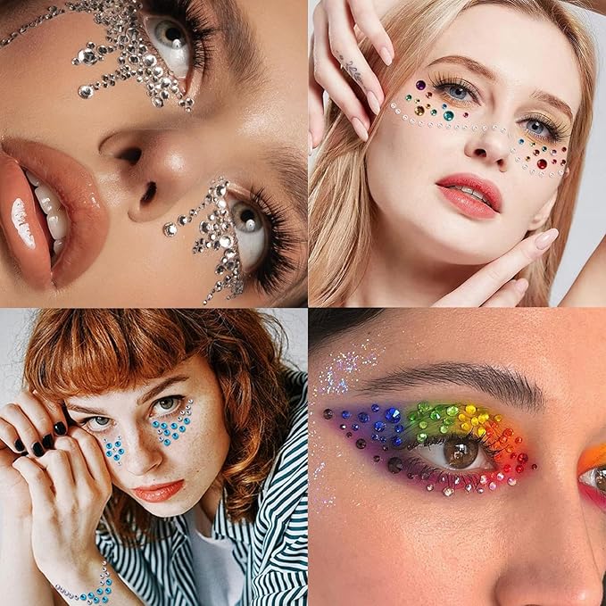 1345 Pcs Eye Face Rainbow Rhinestone Stickers Acrylic Self Adhesive Gems Jewels Crystal Stick on for Hair Nail Body DIY Makeup Festival Diamonds Accessories