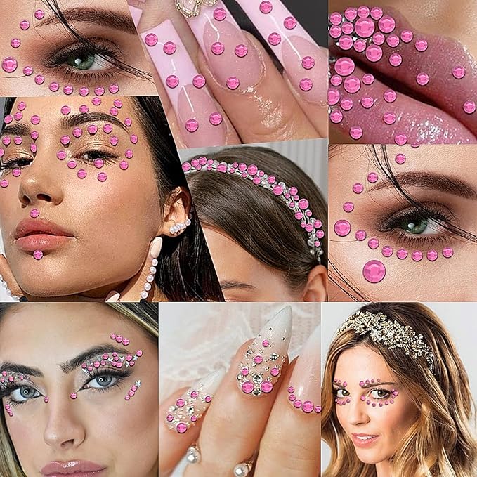 3555pcs Self Adhesive Face Gems for Makeup, Festival Jewels, Hair Gems, Rhinestone Stickers for Face, Eye, Makeup, Nail, Body, Crafts 5sheets (pink-3/4/5/6/8mm)