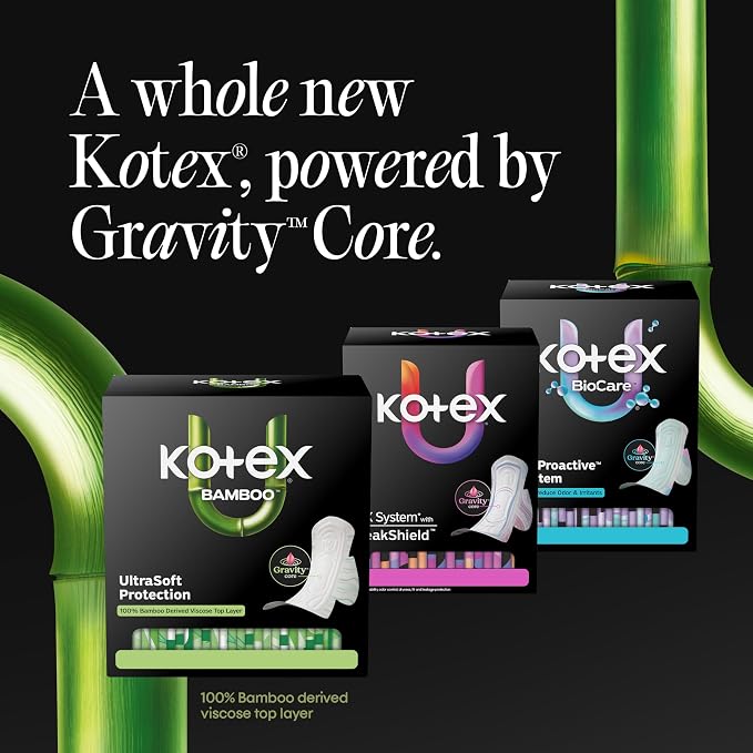 Kotex Bamboo Ultra Thin Pads with Wings, Regular Absorbency, 96 Count (2 Packs of 48)(Packaging May Vary)
