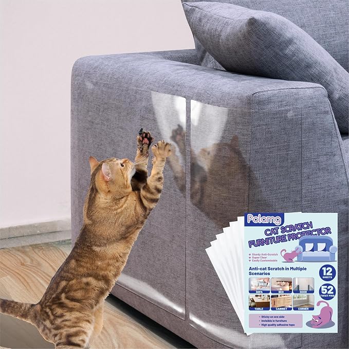 Polamg Cat Scratch Furniture Protector, 12-Pack Clear Sofa Guards | 12 clear sheets, 2 sizes, 52 twist pins; self-adhesive, cuttable. Not recommended: leather, faux leather, velvet, microfiber