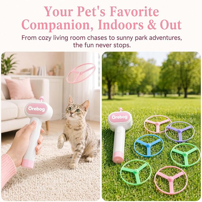 Cat Toy Disc Launcher,Rechargeable Interactive Cat Fetch Toy with 6 Discs | Cat Toys for Indoor Cats with 8 Coil Spring Toys,Flying Cat Enrichment Toys for Adult Kittens Dog Playing,Fun Toy for Outdoor