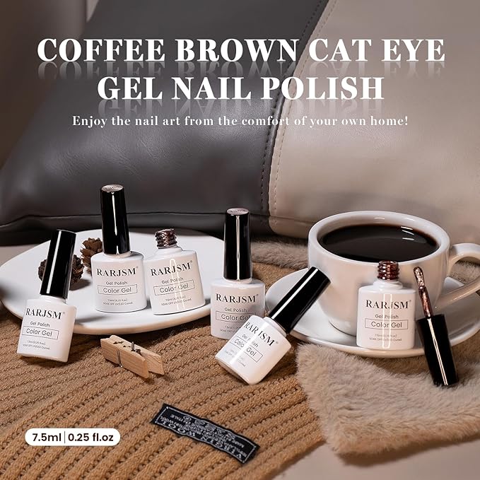RARJSM Coffee Brown Ceramic Glitter Cat Eye Gel Nail Polish Set 6pcs Nude Light Mocha Brown Champagne Ruby Red Dark Cherry Red Jelly Sparkle Diamond Silver Shimmer Cateye Gelpolish Curing Requires