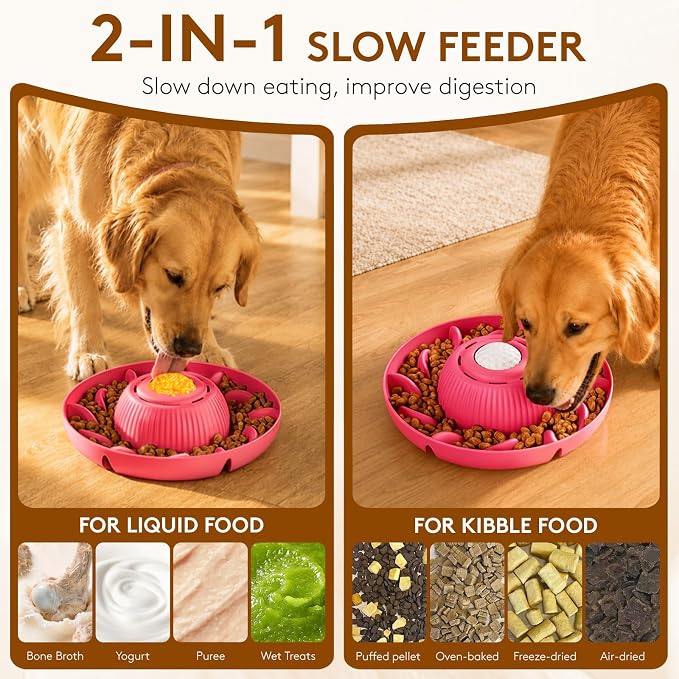 Slow Feeder Dog Bowls 2 in 1 Liquid Treat Dog Lick Mat Bowl – Anti Slip 5‑Cup Large Capacity Liquid and Kibble Food Treat Dispenser for Slowing Down Eating for Large Medium Small Dogs and Cats (Pink)