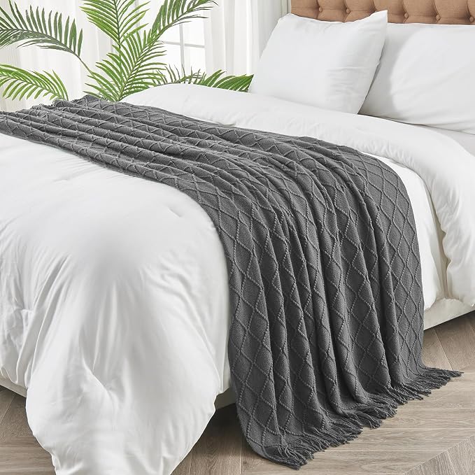 inhand Dark Grey Knitted Throw Blanket for Couch and Bed, 50"x60" | Soft Living Room Home Decor Knitted Blanket, Tassel, Outdoor Lightweight Breathable Summer, Farmhouse Warm Woven Decorative