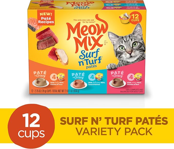 Meow Mix Surf ‘N Turf Patés, Wet Food Variety Pack, 12 Cups