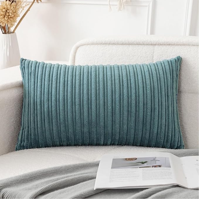 UGASA 12x24 Inch Pillow Cover Pack of 1 Soft Boho Stripe Corduroy Long Rectangle Lumbar Cushion Case Farmhouse Decorative Throw Pilowcase for Bed, Couch, Sofa, Bedroom, Living Room, Blue Grey