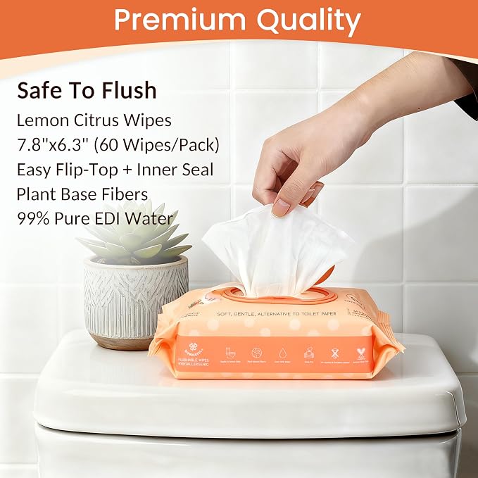 WONDERFUL Flushable Wipes, Lemon Citrus 100% Plant-Based Wet Butt Wipe for Adults & Kids, Sewer Septic Safe, Gentle for Sensitive Skin, Wipes Flushable Pack for Bathroom & Travel, 6-Pack (360 Count)