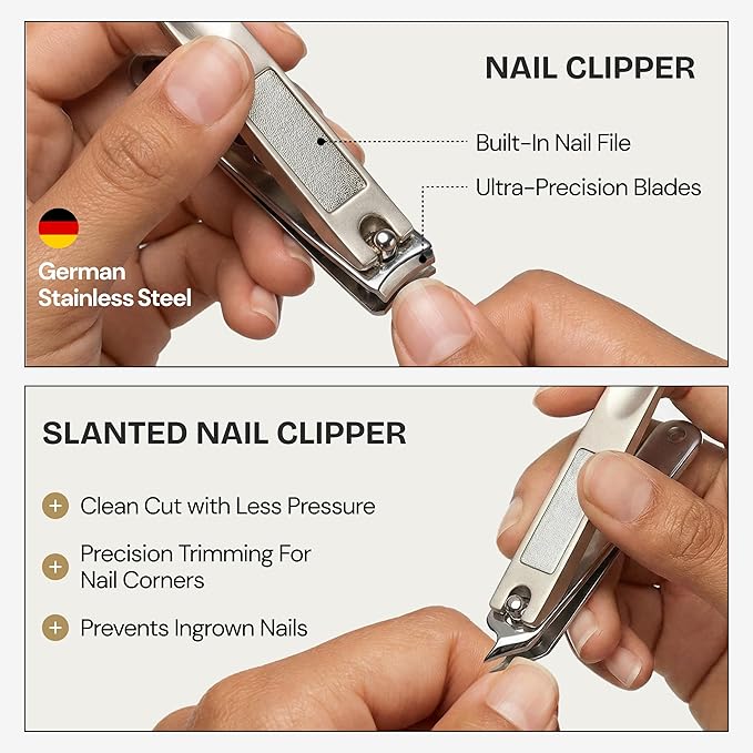 Manicure Pedicure Set 7-in-1 Stainless Steel, Ultra Sharp, Slanted Nail Clipper, Fingernail Clipper, Cuticle Nipper, Glass Nail File, Eyebrow Tweezers, Scissors, Case – Gift (Matte Gray)