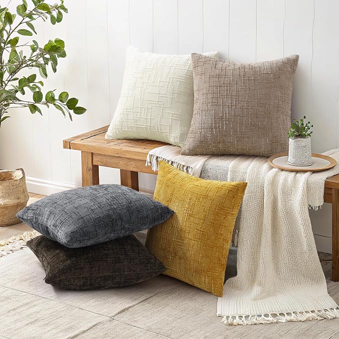 decorUhome Textured Chenille Throw Pillow Covers 16x16 Set of 2 Oatmeal | Fall Modern Farmhouse Soft Cozy Slubby Couch Pillow Cases Boho Decorative Pillow Cases for Bed Sofa Living Room Home Decor