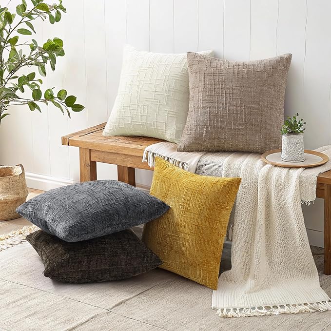 decorUhome Textured Chenille Throw Pillow Covers 22x22 Set of 2 Oatmeal | Fall Modern Farmhouse Soft Cozy Slubby Couch Pillow Cases Boho Decorative Pillow Cases for Bed Sofa Living Room Home Decor