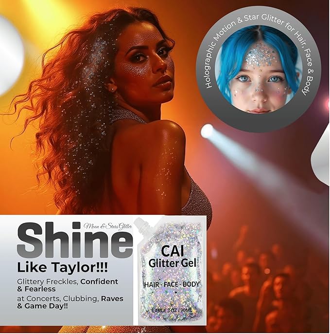 Face, Body & Hair Glitter Gel – Halloween Glitter for Kids and Women – 3 Oz Cosmetic-Grade Gel w/Moon & Stars for Festivals & Halloween Party, Easy Apply & Wash Off - Red/Silver 2Pack