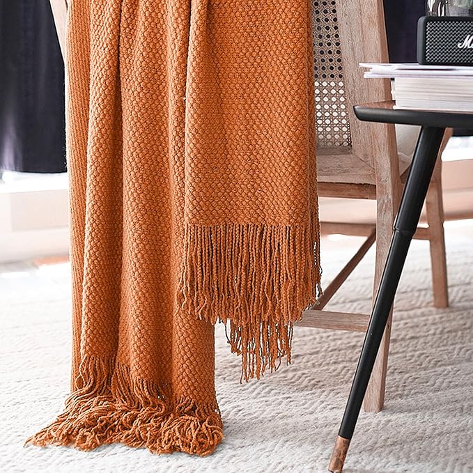 LOMAO Knitted Throw Blanket with Tassels Bubble Textured Lightweight Throws for Couch Cover Home Decor (Orange, 60x80)