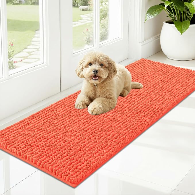 OLANLY Dog Door Mat for Muddy Paws 47x17, Extra Absorbent Chenille Mud Mat | Coral, Absorbs Moisture and Dirt, Non-Slip Machine Washable Doormat, Quick-Drying Indoor Entryway Floor Mat for Dogs