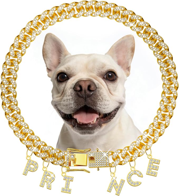 Custom Dog Chain Collar with Name, Diamond Collars Metal Chain Necklace with Secure Buckle, Cuban Style Jewelry Accessories for Puppy Small Medium Large Dogs(Gold, 16 Inch)