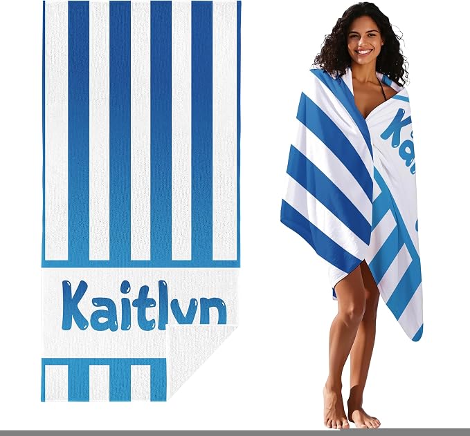 JML Personalized Beach Towel with Name, Custom Cabana Stripe Beach Towel, Customized Microfiber Pool Towel, Quick Dry & Absorbent Swim Towel for Adult,Mother's Day, Birthday, Summer Holiday,Vacation