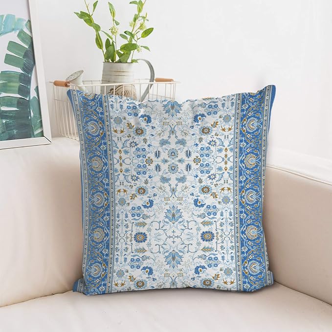 Boho Floral Throw Pillow Covers 16x16 inch Set of 2,Blue Boho Rug Geometric Floral Pattern Decor Double Sided Pattern Cushion Cover Soft Pillow Case Living Sofa Room Bed Square Pillow Cover