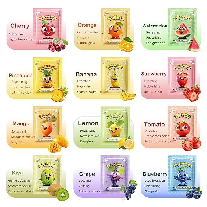 Collagen Face Masks Skincare Bulk,Hydrating Spa Face Mask Beauty for Sensitive Skin,Sheet Mask for Women Skin Care, Facial Mask Sets for Teen Girls (12 Masks Fruits)