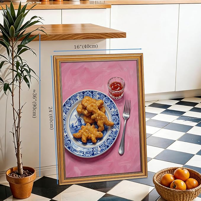 Vintage Whimsical Gold Framed Canvas Wall Art Funny Pop Food Wall Decor Art | Dino Chicken Nuggets Pictures Blue White Delft Canvas Art Pink Dopamine Small Framed Prints Artwork Shelf Bar Dining Gallery