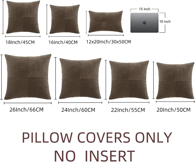 Fancy Homi Dark Brown Big Decorative Throw Pillow Covers 24x24 Inch for Living Room Couch Bed Sofa, Rustic Farmhouse Boho Home Decor, Soft Corss Corduroy Patchwork Accent Square Cushion Case 60x60 cm