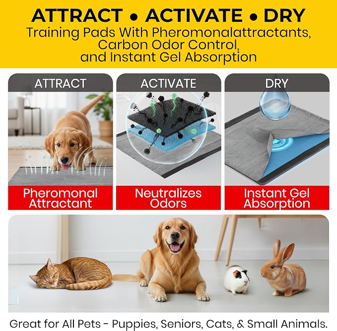 Glad for Pets XL Charcoal Training Pads for Dogs and Puppies, 50 Ct, 4-Pk | 6-layer, activated-carbon pads with pheromone attractant, leak-proof, extra-large 28 x 30 in coverage