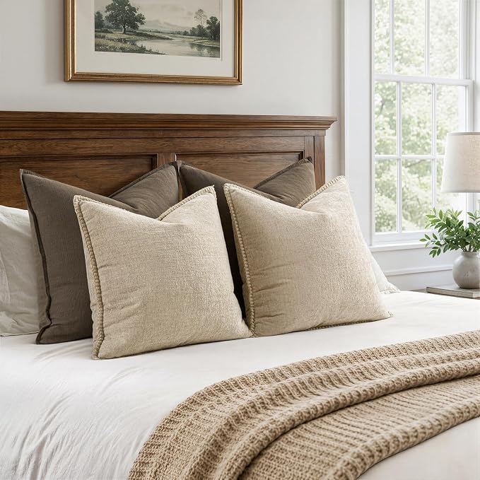 MIULEE Decorative Euro Sham Pillow Covers 26x26 Inch Beige 2 Pack | Neutral Farmhouse Throw Pillow Covers with Stitched Edge, Soft Chenille Cushion Cases, for Couch Sofa Bed Living Room
