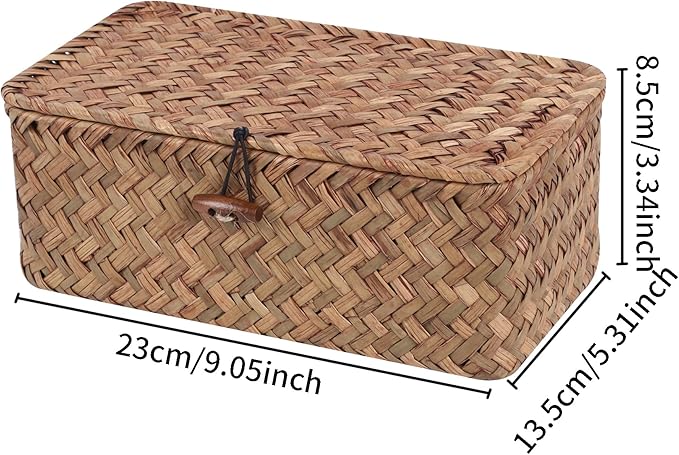 FEIALNDUO Wicker Shelf Baskets with Lid,Seagrass Storage Basket Bins Rectangular Handwoven Basket Boxes for Shelves Desktop Home Organizer (Coffee, X-Small)