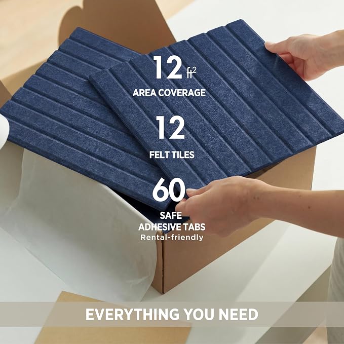 Felt Bulletin Board Tiles 48"x36" - 12-Pack Cork Board Alternative, OEKO-TEX Certified, NRC 0.95 Acoustic Felt Wall Panels, Damage-Free Adhesive, Slatted Design Home Office, Classroom (Indigo)