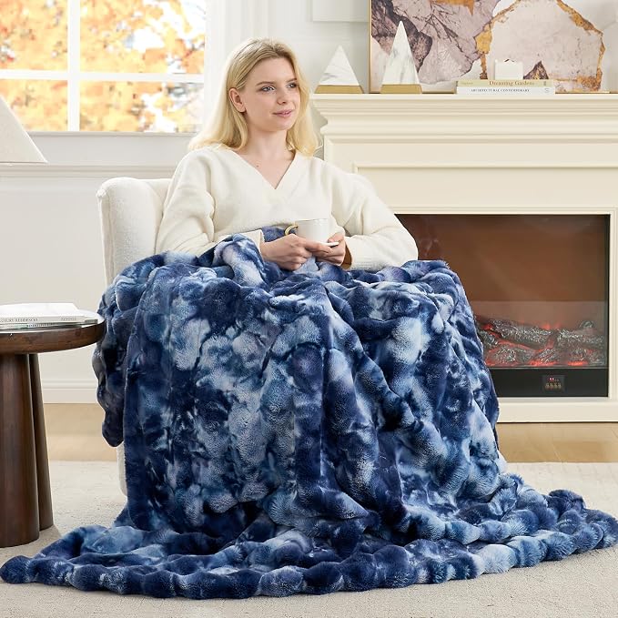 Cozy Bliss Deluxe Striped Rabbit Faux Fur Throw Blanket, Soft Fluffy Warm Plush Blanket for Winter, Modern Homr Decor, Tie-dye Blue 50"x60"