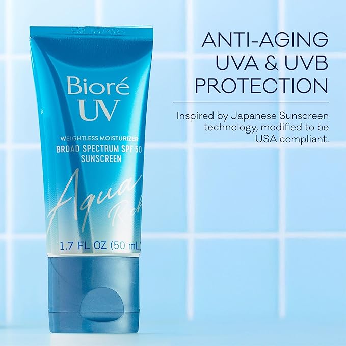 Biore UV Aqua Rich Daily Hydrating Facial Moisturizer with SPF 50 | Oil Free Sunscreen for Sensitive Skin with Hyaluronic Acid, Non-Comedogenic, Dermatologist Tested, 1.7 Oz
