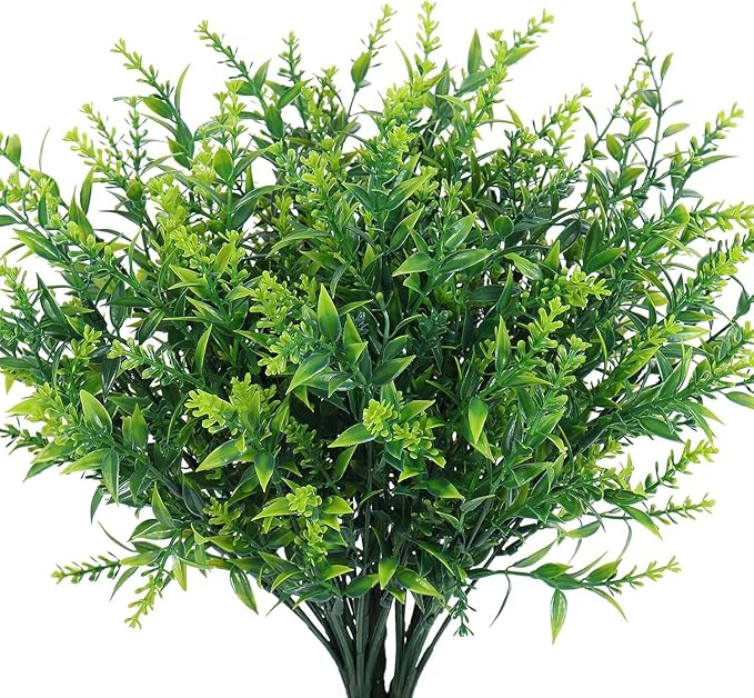 RECUTMS Fake Plants Artificial Spring Plants for Outdoor Fake Green Flowers | 8Pcs Artificial Shrubs UV Resistant Greenery Faux Flowers For Outdoor Planters Outside Front Porch Spring Decoration for Home