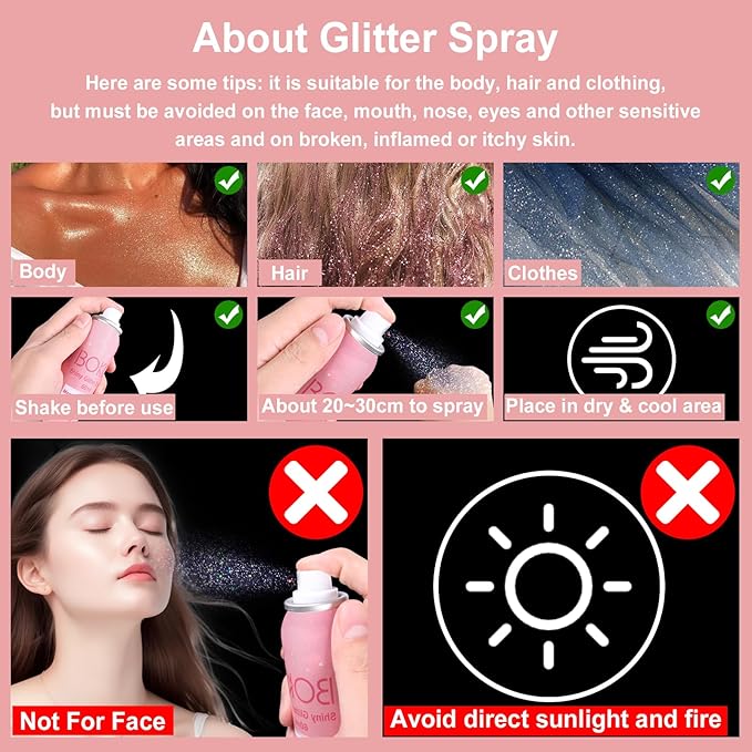 Boko Body Glitter Spray, 60ML Holographic Silver Glitter Spray for Body Hair Clothes, Quick-Drying and Long-Lasting Glitter Hairspray Body Shiny for Festival Music Concert Party Rave Accessories