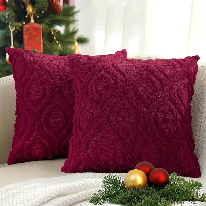 decorUhome Faux Fur Plush Soft Burgundy Throw Pillow Covers 16x16 Set of 2 | Plush Solid Fall Couch Pillow Covers, Accent Modern Farmhouse Neutral Decorative Square Pillow Cases for Sofa Bed Living Room