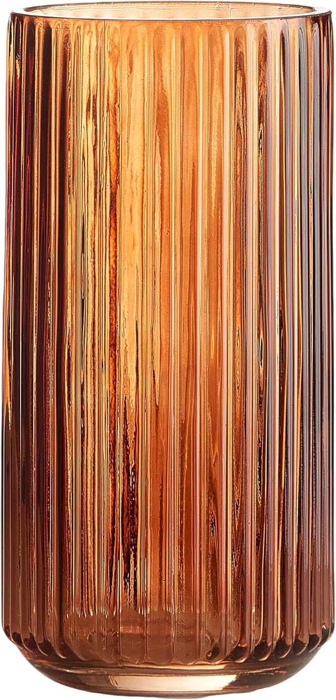 Flower Vase 7.5 inch Amber Thickened Hand Blow Glass Vase Round Vintage Striped Bottles for Bookshelf,Dinner Table,Indoor Office Desktop,Meeting Room,Bathroom,Countertop,Home