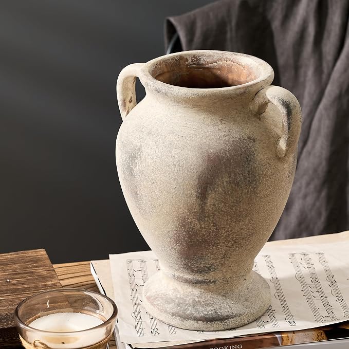 PORCER Ceramic Rustic Flower Vase with Handles, 8.46 Inch Tall Vintage Pottery Home Decor, Farmhouse Terracotta Vase for Living Room, Table, Shelf, Mantel Decoration, Farmhouse- Brown