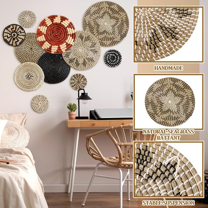 Tatuo 11 Pcs Boho Wall Basket Decor Bulrush Woven Wall Hanging Art Round Farmhouse Rustic Handmade Wicker for Summer Home, Bedroom, Living Room, Kitchen Decorations, Multi Sizes(Dark)