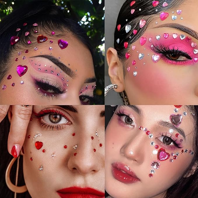516 Pcs Heart Rhinestones Face Sticker Acrylic Self Adhesive Heart Gems Red Pink Clear Rose Red 6/10/12/18mm