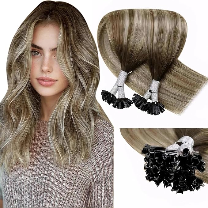 LaaVoo U Tip Hair Extensions Human Hair Dark Brown Ombre Light Brown Mix Blonde Balayage 22in 50g/50s