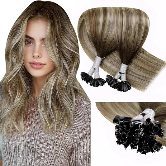 LaaVoo U Tip Hair Extensions Human Hair Dark Brown Ombre Light Brown Mix Blonde Balayage 22in 50g/50s