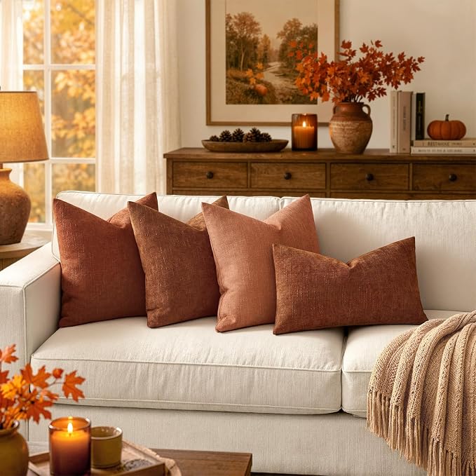 MIULEE Pack of 2 Decorative Linen Burlap Textured Pillow Covers Fall Farmhouse Boho Accent Pillowcases for Sofa Car Couch Bedroom Living Room Decor 20x20 Inch Rust