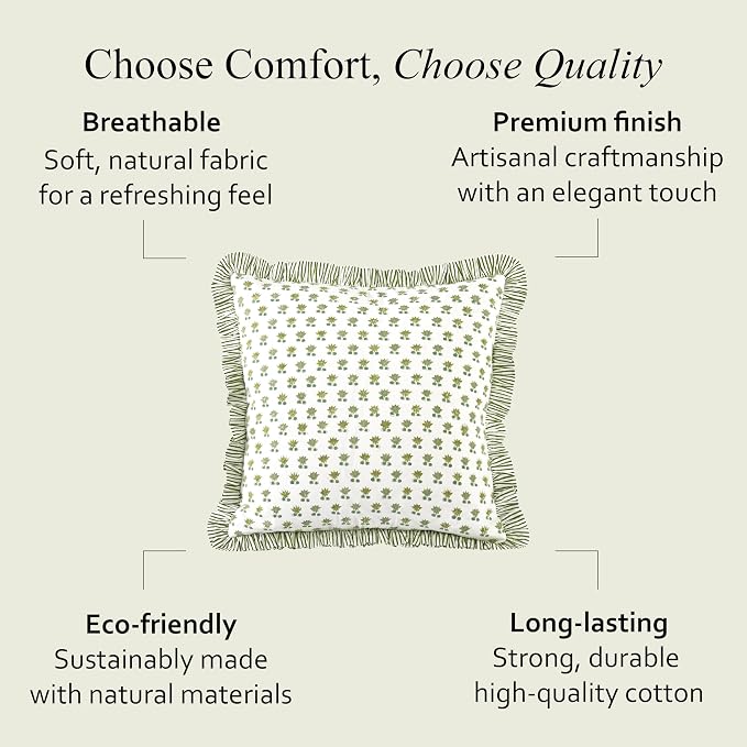 CPC Lotus Meadow Hand Block Print 100% Cotton Ruffle Throw Pillow Cover 20x20 inch with Hidden Zipper Decorative for Couch, Bed, Sofa, Farmhouse, Cottagecore Decor Gift Christmas Fall Thanksgiving