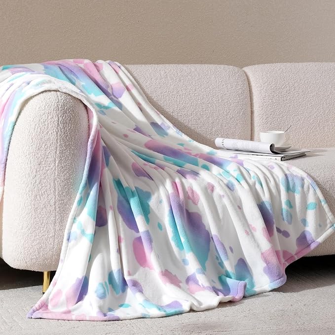 Cozy Bliss Cow Print Fuzzy Throw Blanket for Couch - Thick Soft Warm Non Shedding Fleece Blankets for Western Décor Room, for Kids, Women Men Girls, Rainbow 50"*60"
