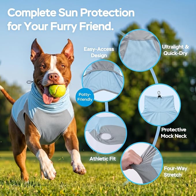 LovinPet UPF 150+ Dog Sun Shirt, Sleeveless High Neck Cooling UV Protection Clothes for Medium Breeds, Quick Dry Lightweight Outdoor Vest with Breathable Belly Panel, Light Blue, M