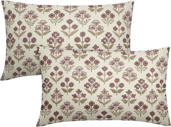 Brown Burgundy Floral Pillow Covers 12x20 Inch Set of 2, Block Print Lumbar Flower Cream Decorative Throw Pillowcases Outdoor Farmhouse Rectangle Cushion Covers Spring Summer Sofa Couch Bed Decor