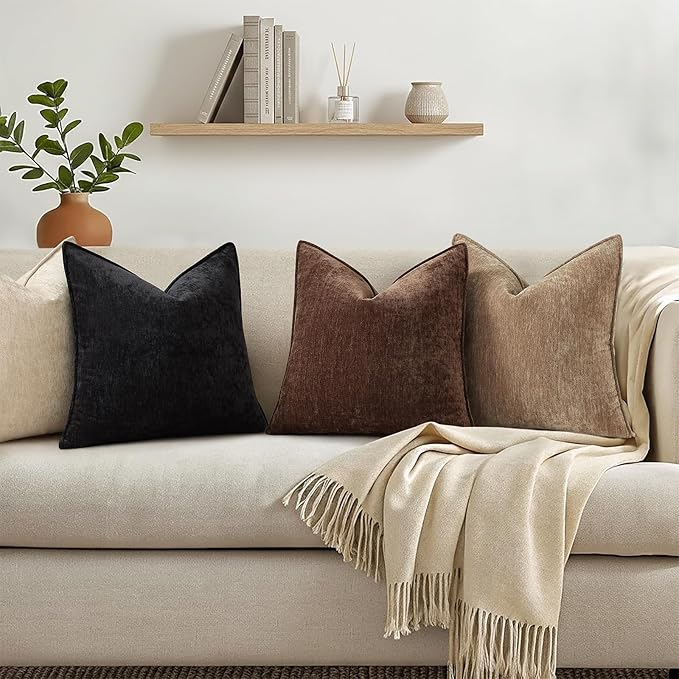 decorUhome Chenille Black Velvet Throw Pillow Covers 24x24 Set of 2 | Fall Soft Euro Sham Couch Decorative Modern Farmhouse Pillow Cases with Elegant Design for Sofa Bed Living Room Home Decor