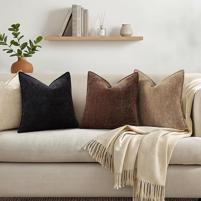 decorUhome Chenille Black Velvet Throw Pillow Covers 20x20 Set of 2 | Fall Soft Couch Decorative Modern Farmhouse Pillow Cases with Elegant Design for Sofa Bed Living Room Home Decor