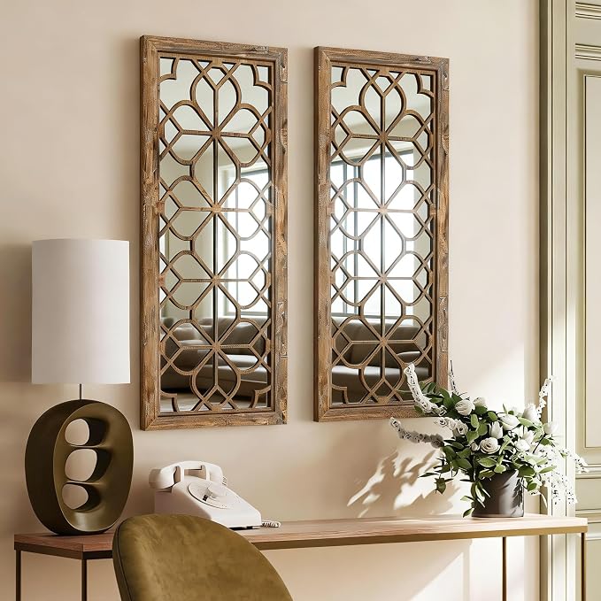 Set of 2 13x30 Inch Large Maroon Shatterproof Carved Floral Wood Frame Wall Mirrors, Boho Farmhouse Rustic Accent Mirrors for Living Room Bedroom Bathroom & Home Decor