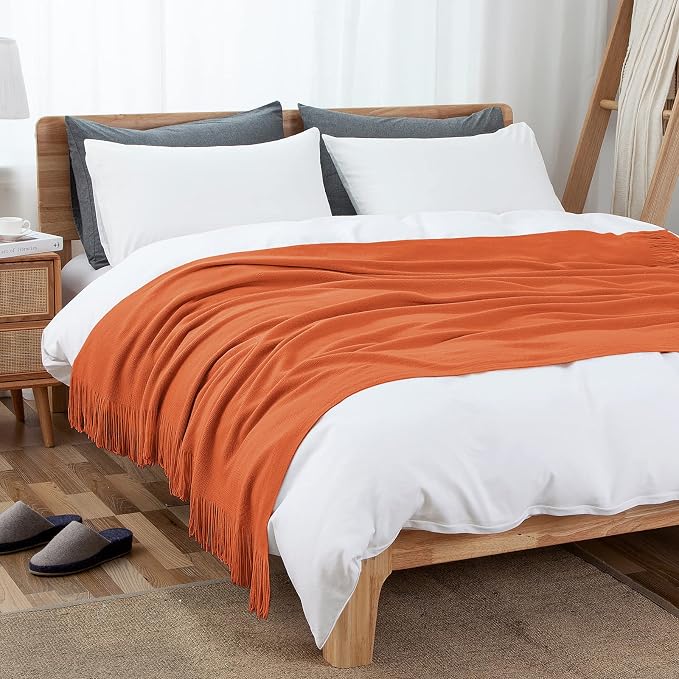 Vonty Rust Orange Knitted Throw Blanket with Tassels Fringe, 60x80 Acrylic | Super Soft And Lightweight, Year-Round Cozy Warmth, Farmhouse Decorative Style, Machine Washable, for Couch, Sofa or Bed