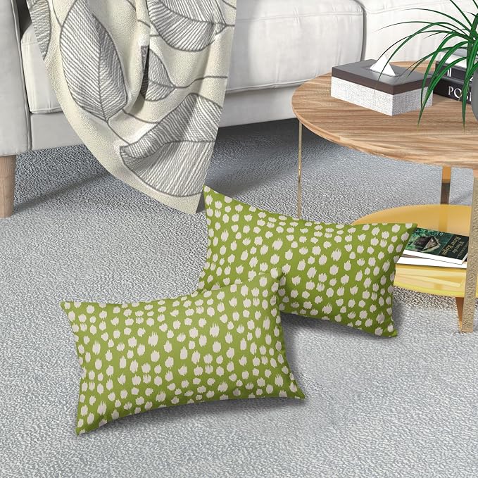 Lime Green Cream Dots Lumbar Pillow Covers 12x20 Set of 2 Boho Design Polka Dot Print Throw Pillows Modern Outdoor Decorative Pillowcase Rectangle Linen Cushion Cases Decor for Sofa Couch Bed
