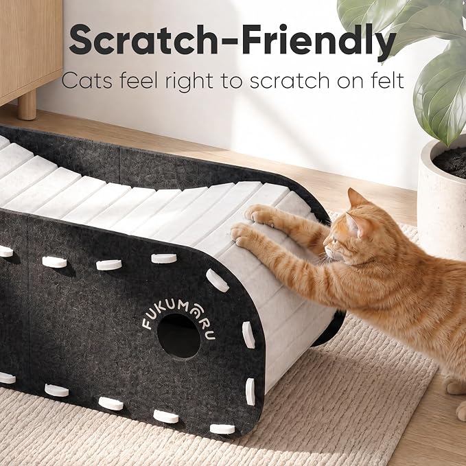 FUKUMARU Cat Bed Cave Tunnel, 31.5 Inch, Cat House Condo Indoor, Black | Extra Long Design, For Multiple & Large Cats, Felt Material, Fluffy Ball Included, Scratch Resistant