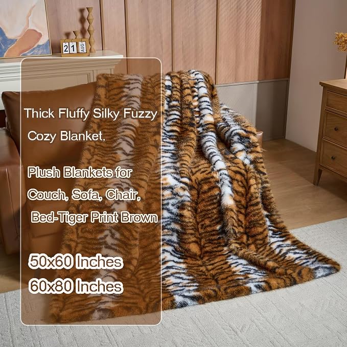 Luxury Fluffy Faux Fur Throw Blanket,Thick Fluffy Silky Fuzzy Cozy Blanket,Plush Blankets for Couch, Sofa, Chair, Bed-Tiger Print Brown-50 * 60inch